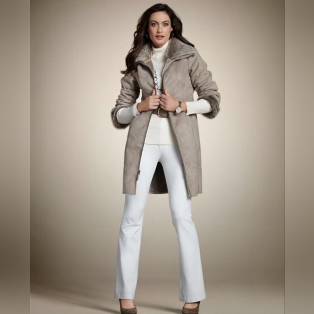 Chico's Elegant Beige Faux Fur & Suede Womens Coat SIZE 2